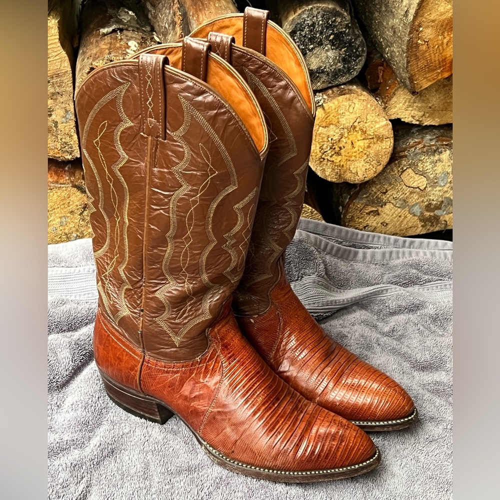 J. Chisholm LIZARD Skin Tan Leather Western Cowboy Riding Work Boots size 9.5B